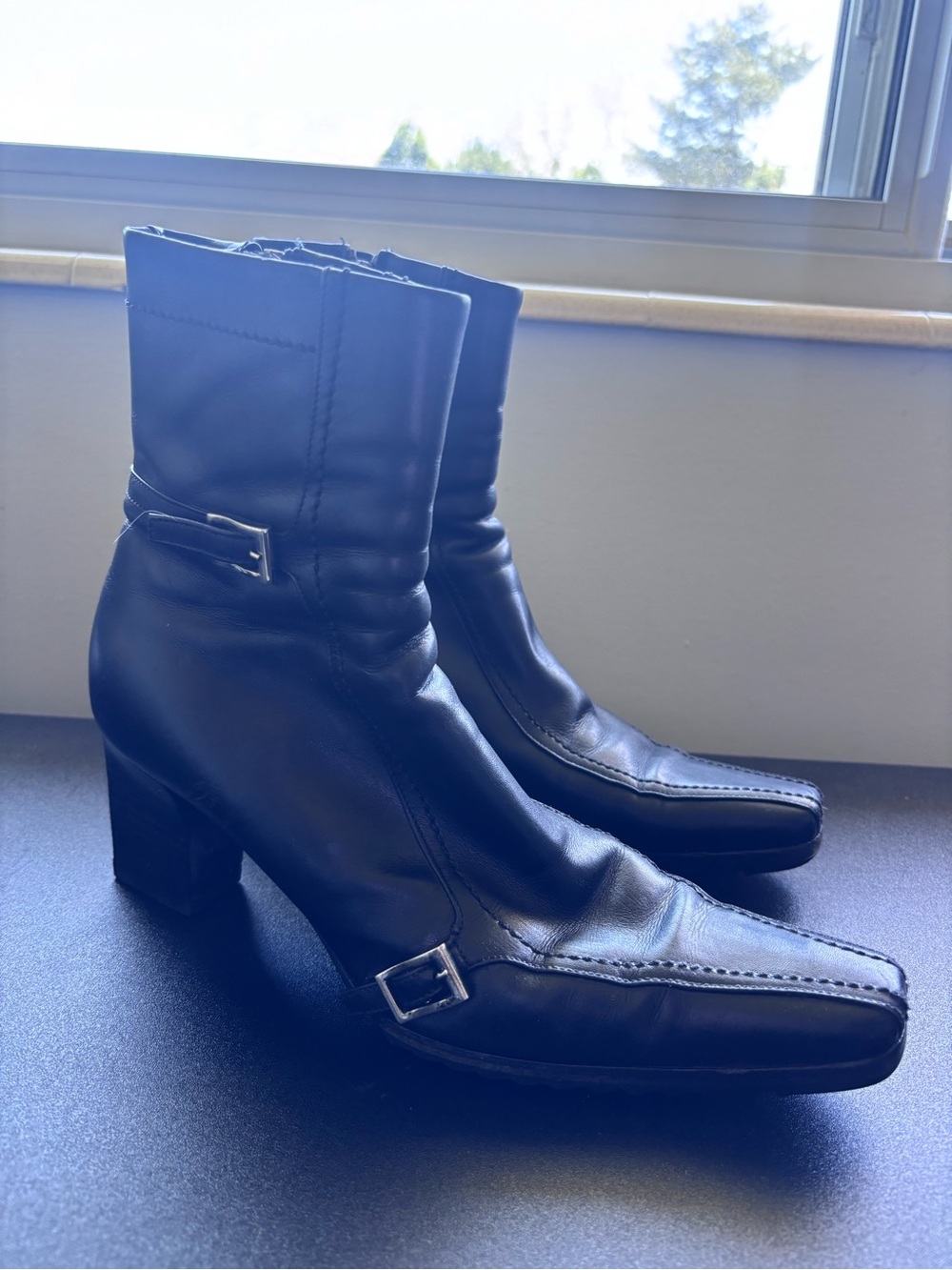 Authentic Prada Square Toe Black Leather Booties
